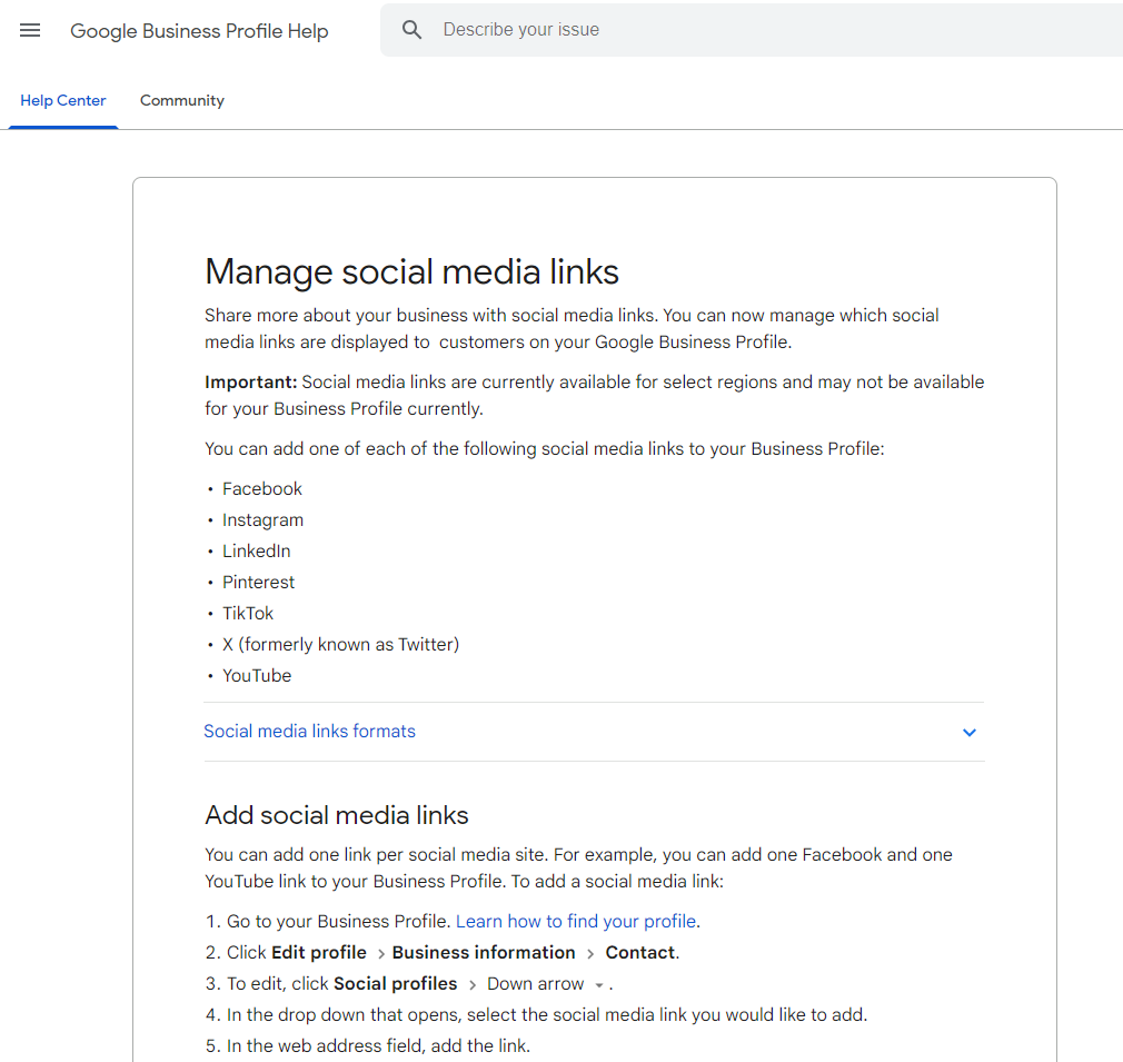 Screenshot showinghow to manage social media links within Google Business