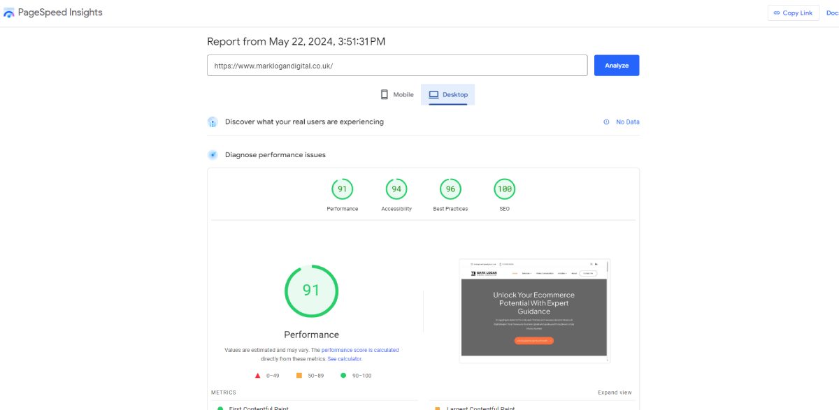 Google Page Speed Insights For Mark Logan Digital