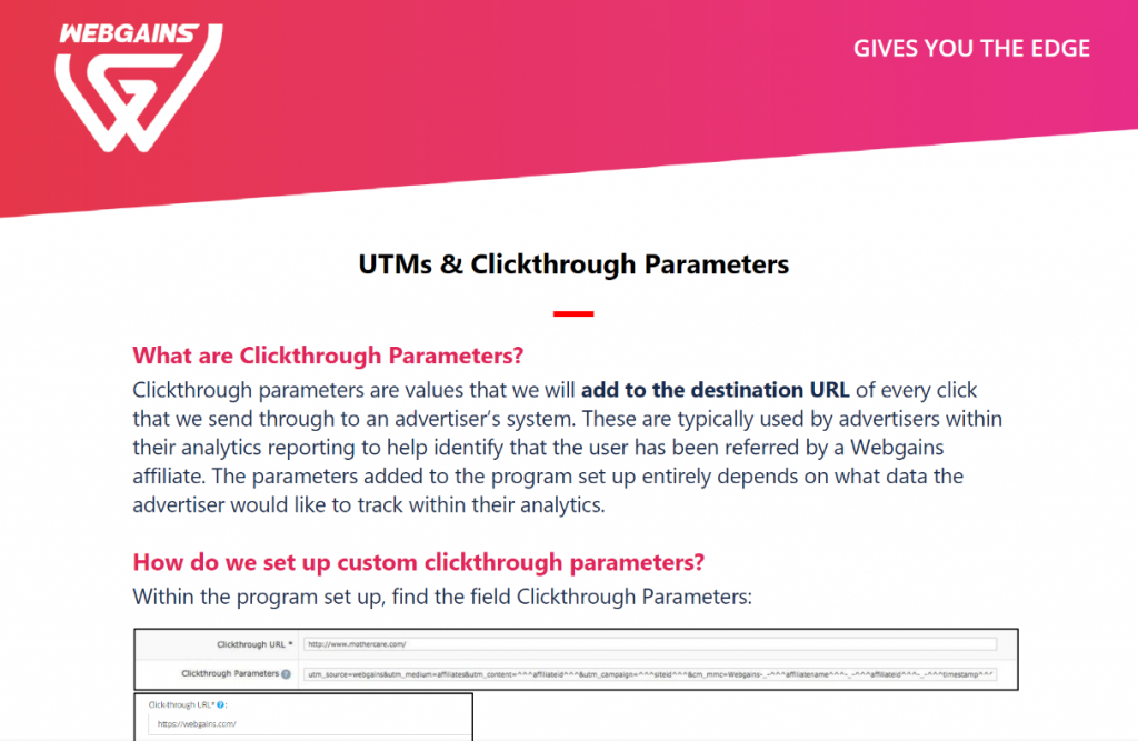 Webgains UTMs & Clickthrough Parmeters Screenshot