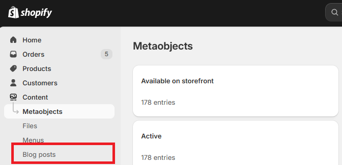Shopify Blog Posts under Content Menu