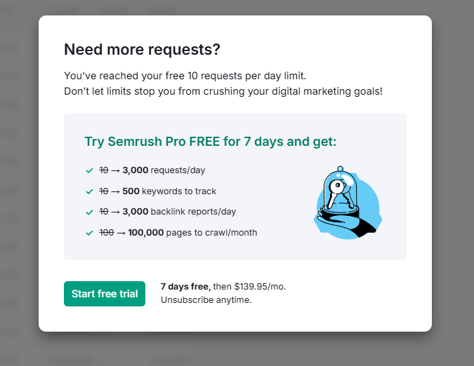 Semrush max 10 requests on free account