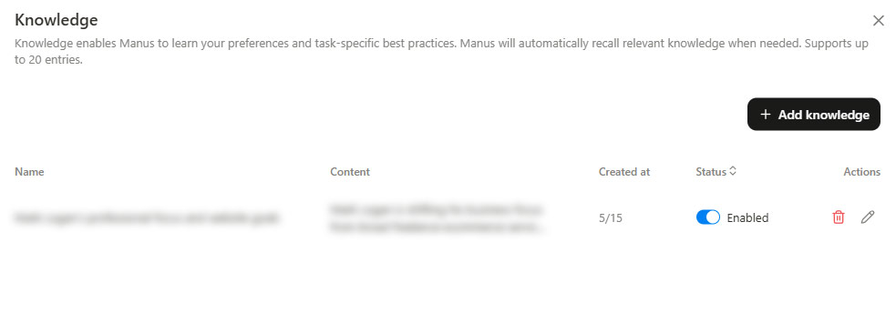 Example of Manus AI Knowledge Panel