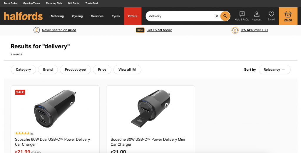 On-site search at Halfords for delivery