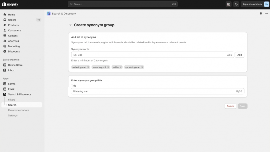 Shopify Search & Discovery Search Synonyms