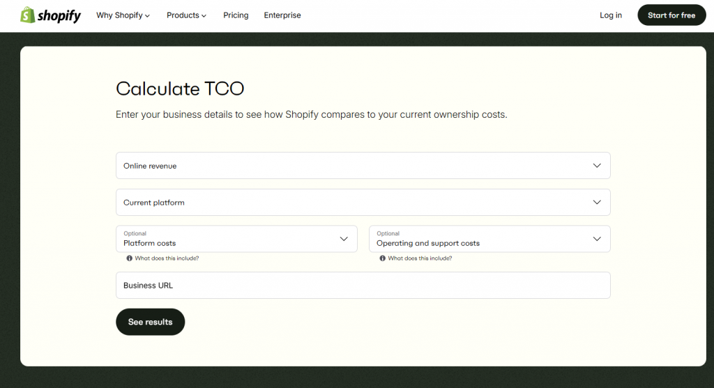 Shopify cost of ownership calculator screenshot