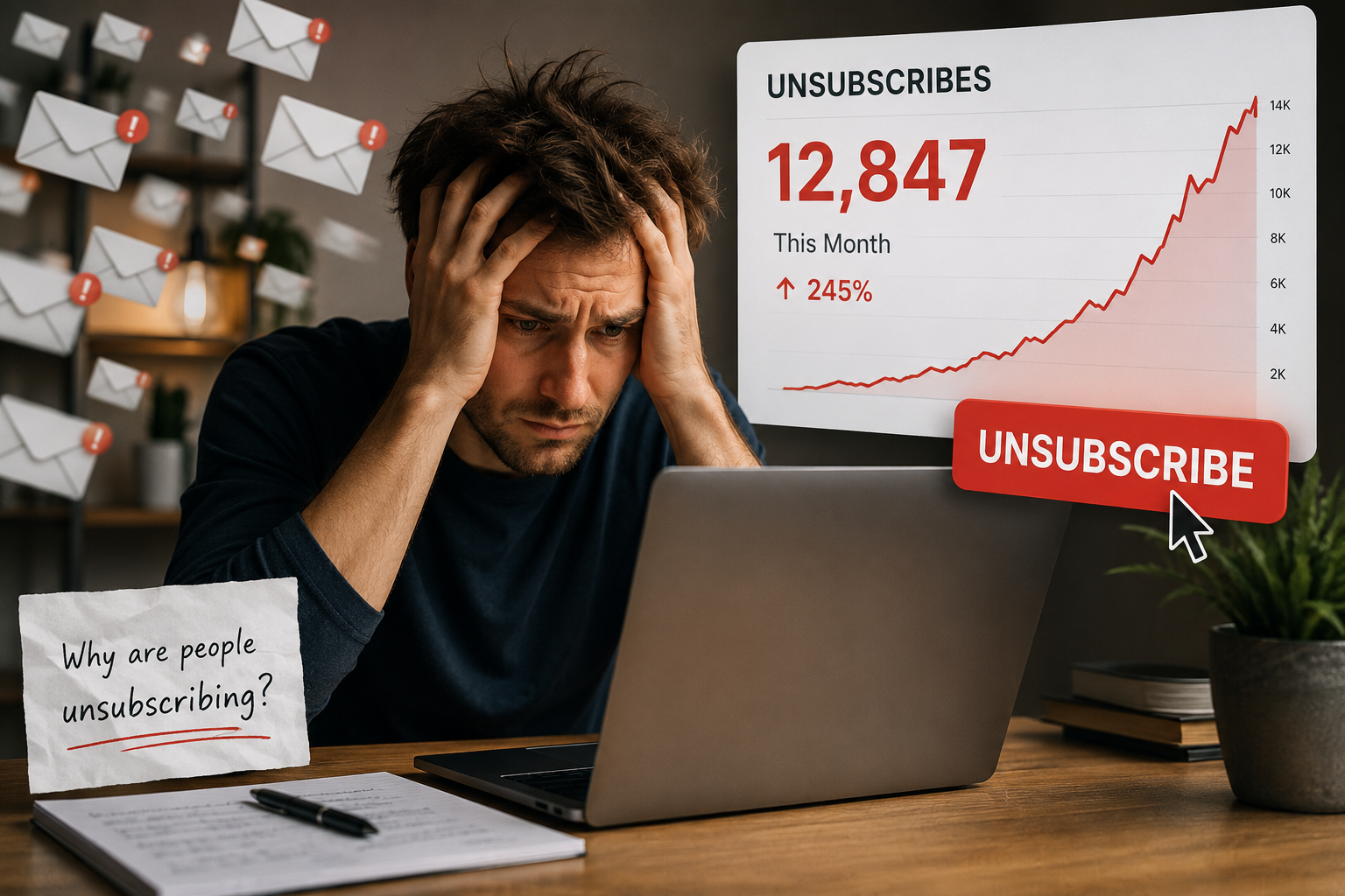 Someone getting frustrated as their unsubscribe rate increases