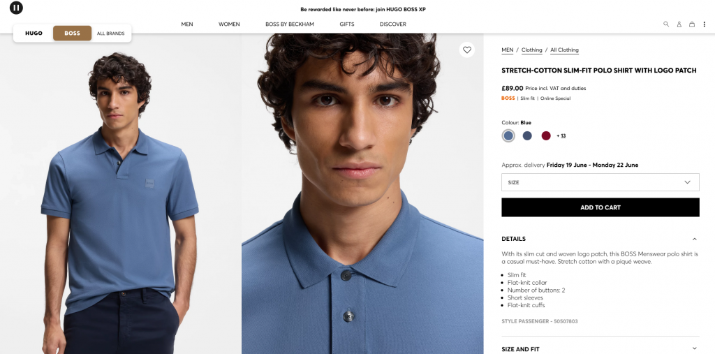 BOSS Product Page showing the logo but not mentioning the boss orange brand