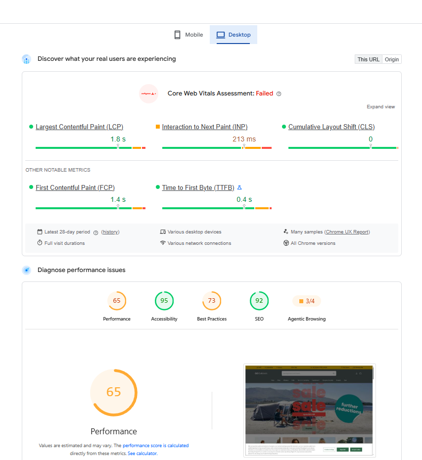 Google Pagespeed Insights screenshot showing a failed website