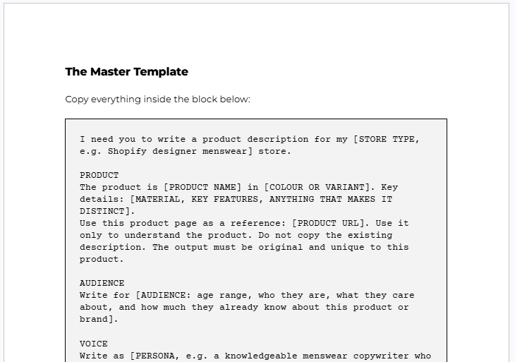 Master Template For Product Descriptions