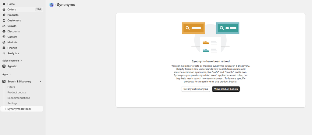 Shopify Synonyms have been retired in search and discovery app
